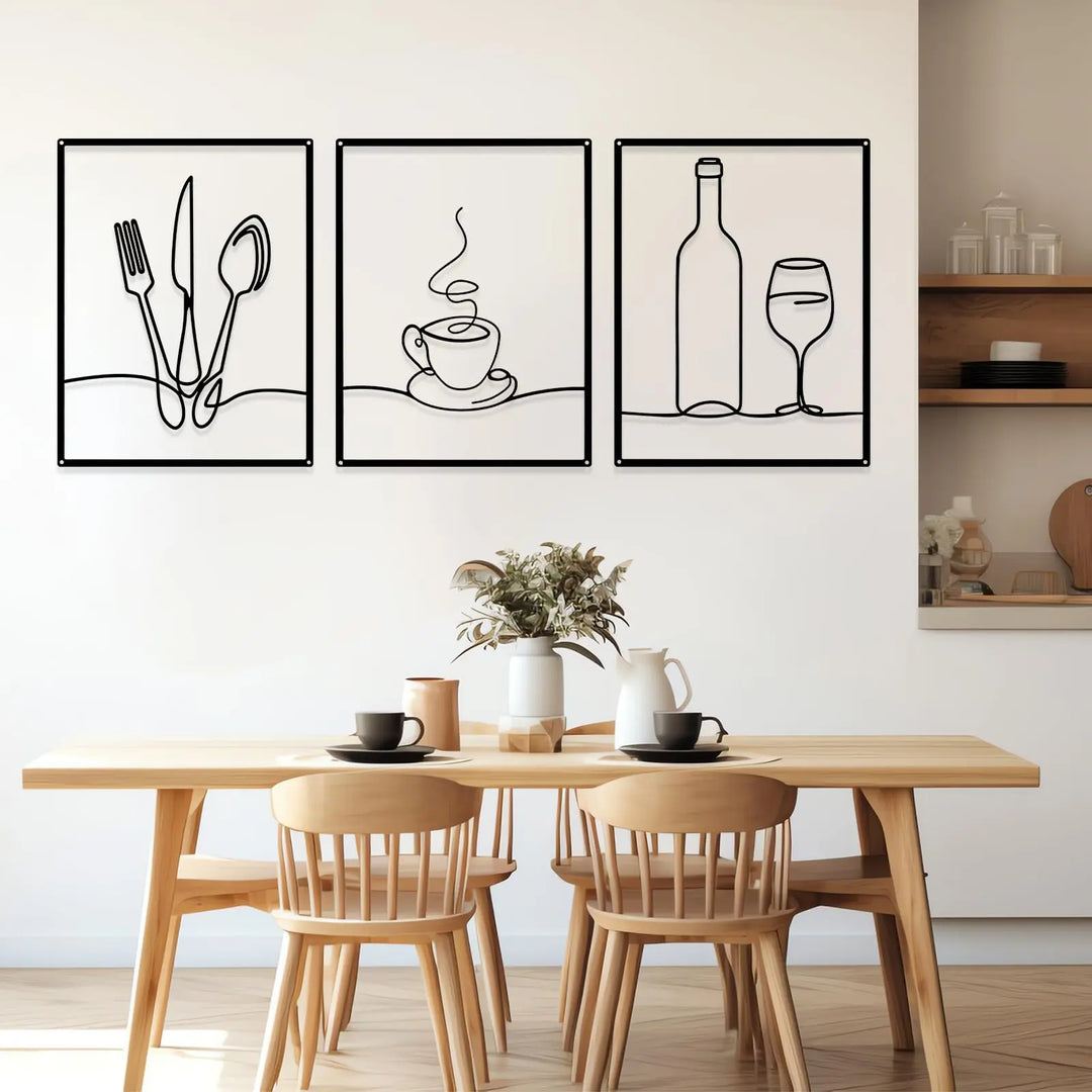 Otoolling 3 Pcs Metal Kitchen Wall Art, Line Design, 14x11, Black