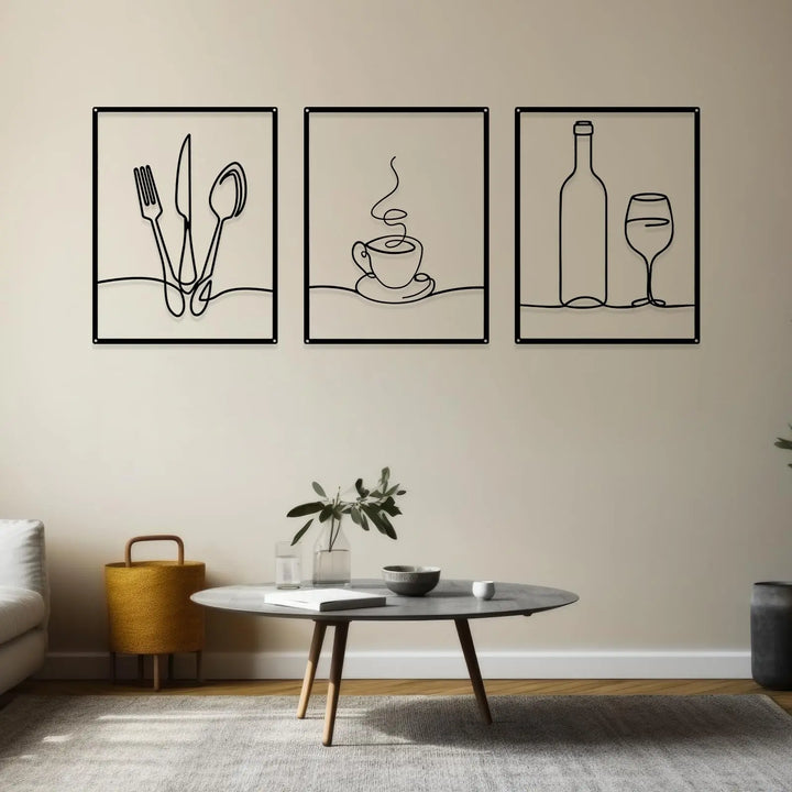 Otoolling 3 Pcs Metal Kitchen Wall Art, Line Design, 14x11, Black