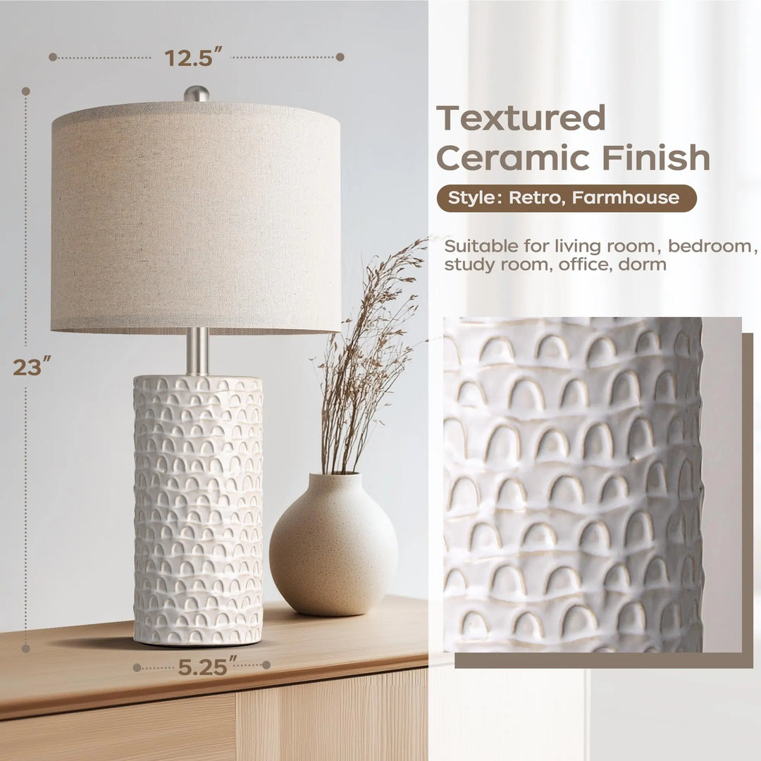 PARTPHONER 23" Modern Ceramic Table Lamp Set of 2, Table Lamps for Living Room, Rustic Farmhouse Bedside Lamps Nightstand lamp for Bedroom, White Desk Lamp for End Table Home Decor Beige 