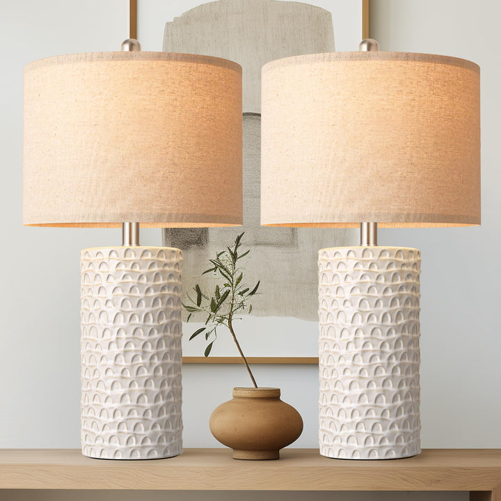 PARTPHONER 23" Modern Ceramic Table Lamp Set of 2, Table Lamps for Living Room, Rustic Farmhouse Bedside Lamps Nightstand lamp for Bedroom, White Desk Lamp for End Table Home Decor Beige 