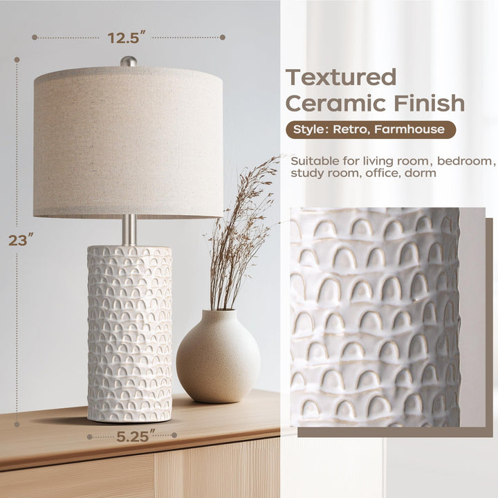 PARTPHONER 23" Modern Ceramic Table Lamp Set of 2, Table Lamps for Living Room, Rustic Farmhouse Bedside Lamps Nightstand lamp for Bedroom, White Desk Lamp for End Table Home Decor Beige 