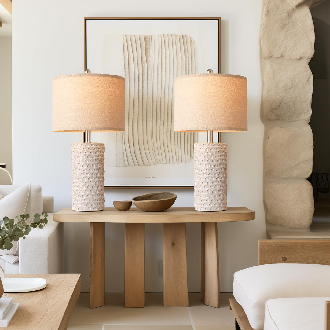PARTPHONER 23" Modern Ceramic Table Lamp Set of 2, Table Lamps for Living Room, Rustic Farmhouse Bedside Lamps Nightstand lamp for Bedroom, White Desk Lamp for End Table Home Decor Beige 