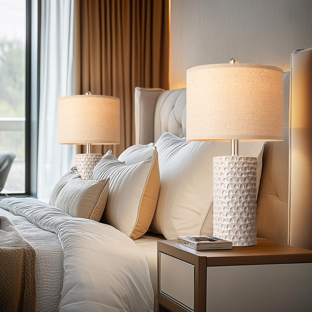 PARTPHONER 23" Modern Ceramic Table Lamp Set of 2, Table Lamps for Living Room, Rustic Farmhouse Bedside Lamps Nightstand lamp for Bedroom, White Desk Lamp for End Table Home Decor Beige 