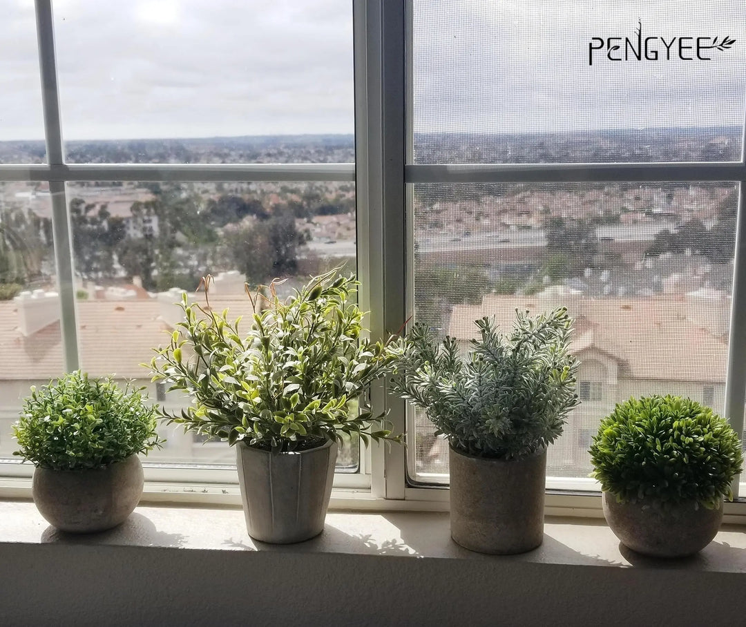 PENGYEE 4 Pack Small Fake Plants in White Pulp Pot for Home Decor