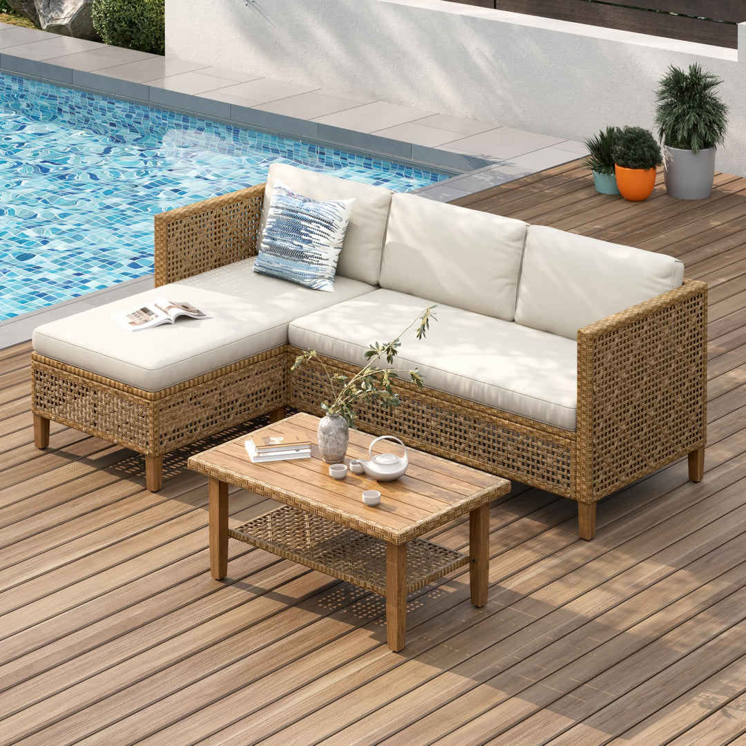 PHI VILLA Outdoor Sectional Couch, Small L-Shaped Patio Sofa Sets, Beige 
