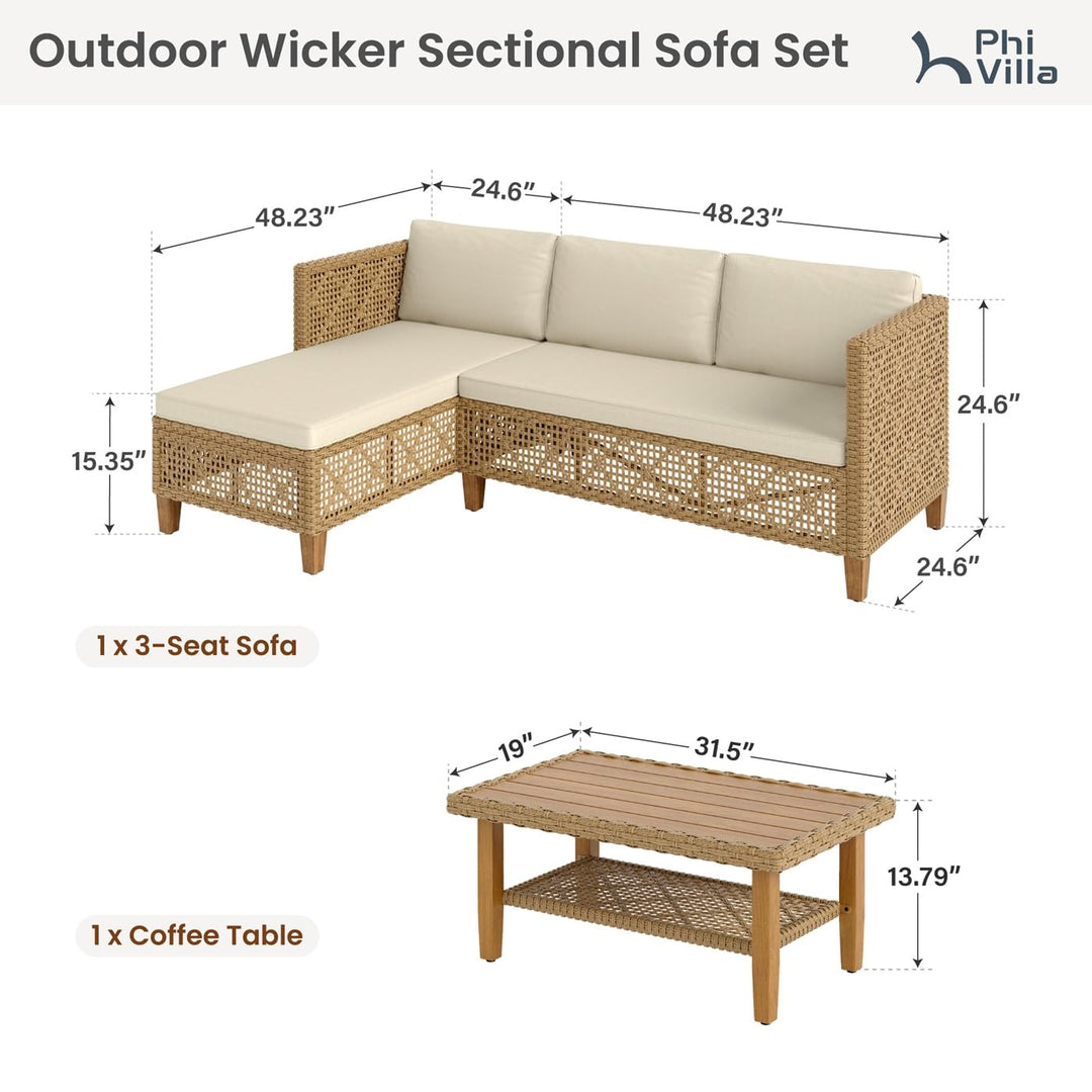 PHI VILLA Outdoor Sectional Couch, Small L-Shaped Patio Sofa Sets, Beige 