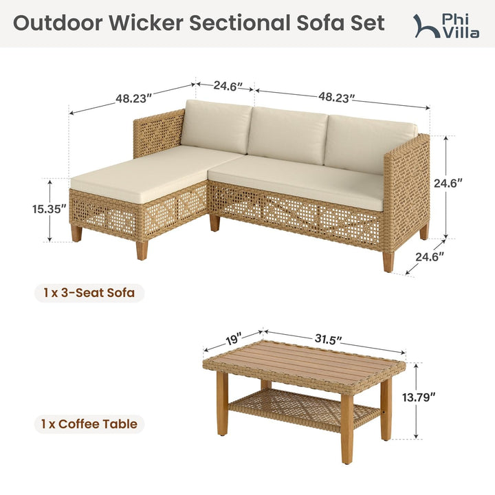 PHI VILLA Outdoor Sectional Couch, Small L-Shaped Patio Sofa Sets, Beige 