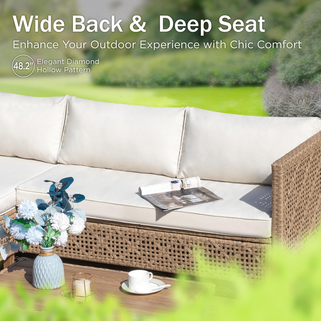 PHI VILLA Outdoor Sectional Couch, Small L-Shaped Patio Sofa Sets, Beige 