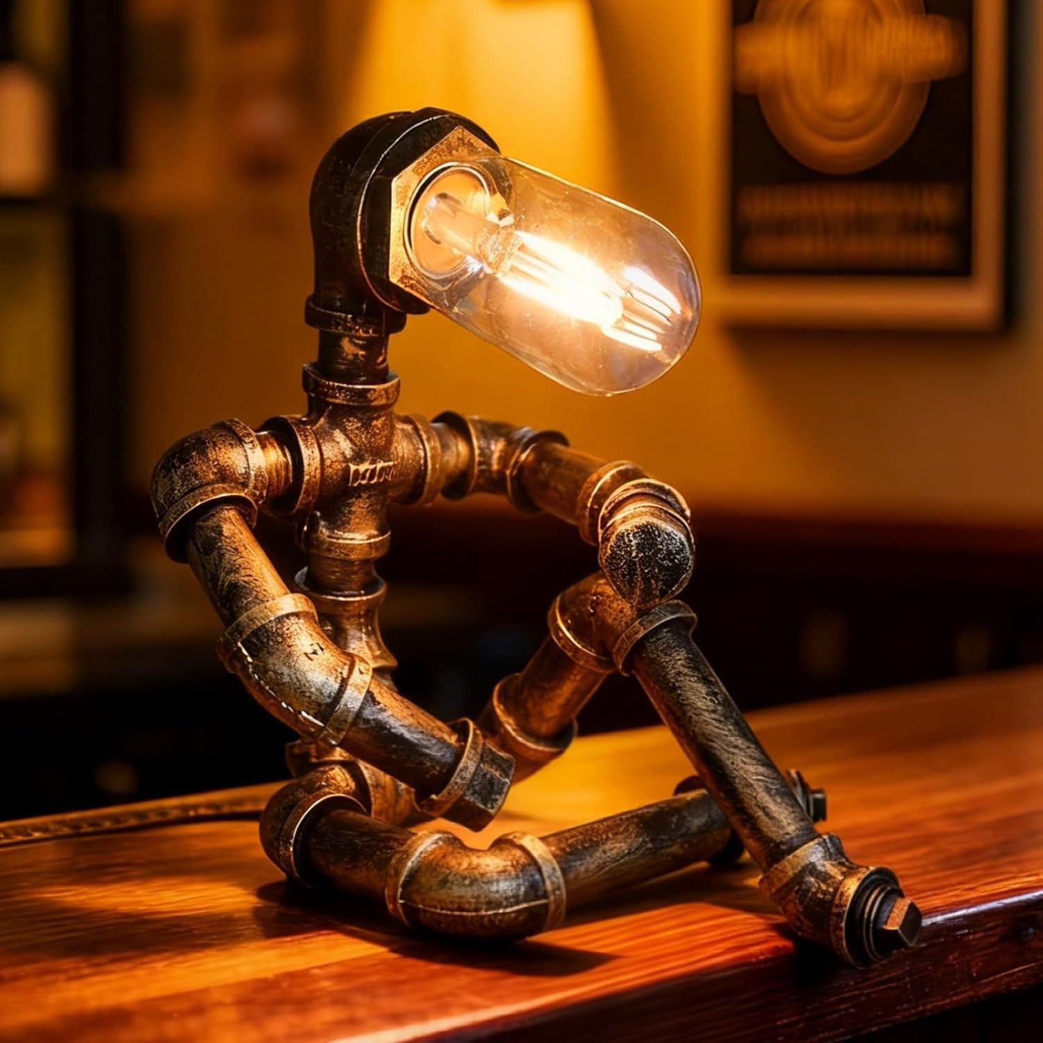PIPRE Steampunk Table Lamp, Industrial Water Pipe Lamp Retro Iron Piping Desk Lamp Vintage Nightstand Lamps for Bedroom Living Room Kitchen Café Dorm Pub 
