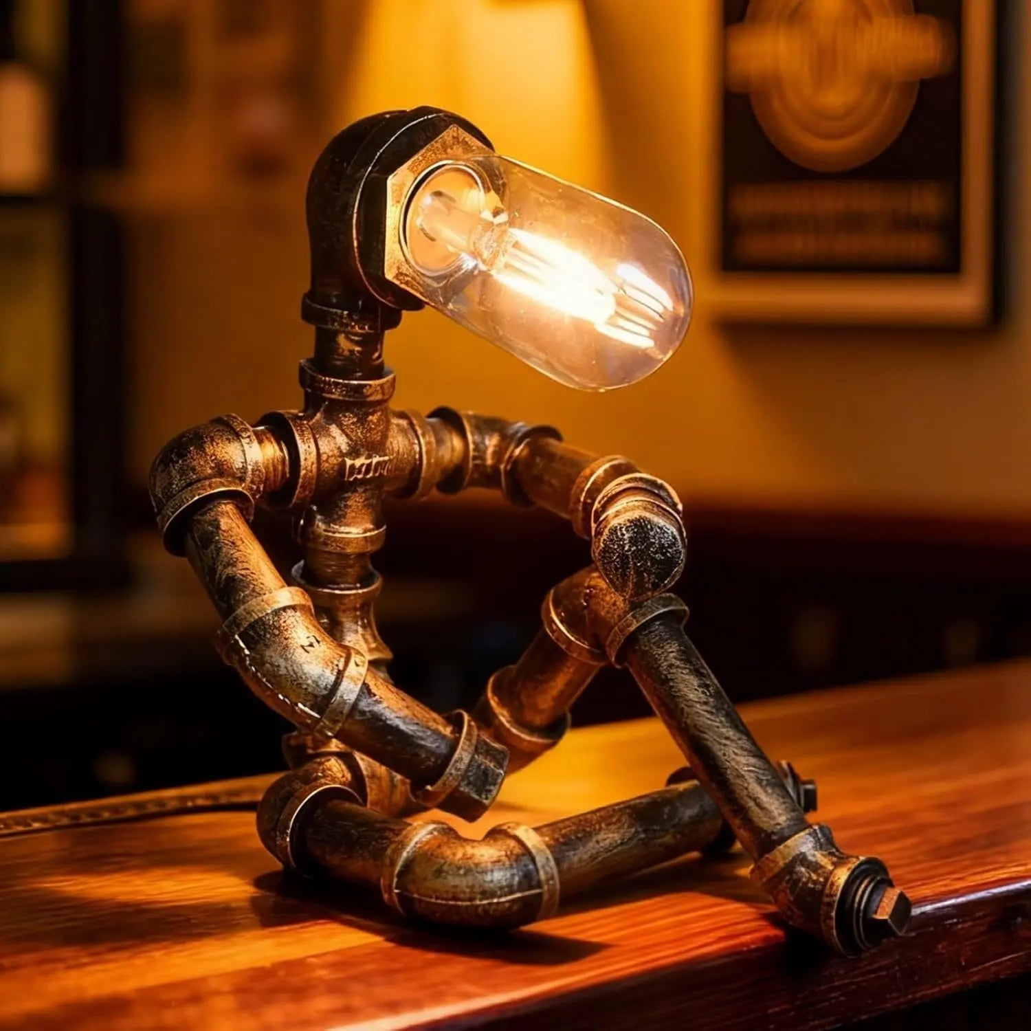 PIPRE Steampunk Table Lamp, Industrial Water Pipe Lamp Retro Iron Piping Desk Lamp Vintage Nightstand Lamps for Bedroom Living Room Kitchen Café Dorm Pub 
