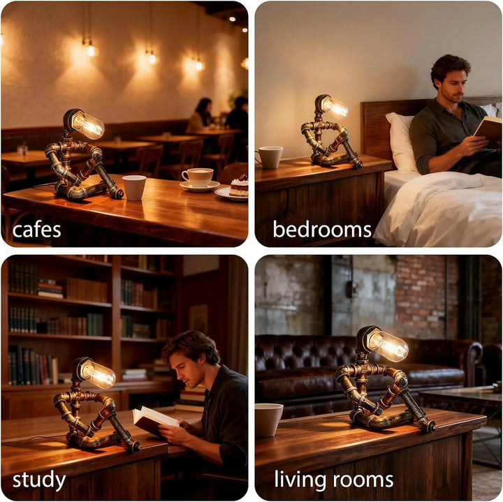 PIPRE Steampunk Table Lamp, Industrial Water Pipe Lamp Retro Iron Piping Desk Lamp Vintage Nightstand Lamps for Bedroom Living Room Kitchen Café Dorm Pub 