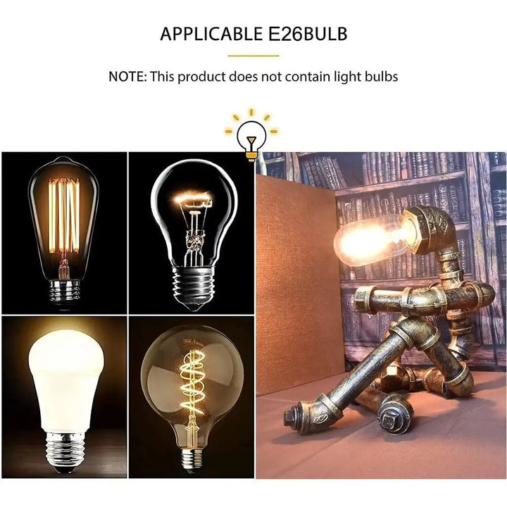 PIPRE Steampunk Table Lamp, Industrial Water Pipe Lamp Retro Iron Piping Desk Lamp Vintage Nightstand Lamps for Bedroom Living Room Kitchen Café Dorm Pub 