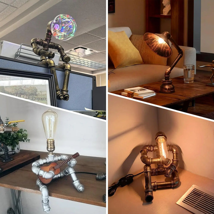 PIPRE Steampunk Table Lamp, Industrial Water Pipe Lamp Retro Iron Piping Desk Lamp Vintage Nightstand Lamps for Bedroom Living Room Kitchen Café Dorm Pub 