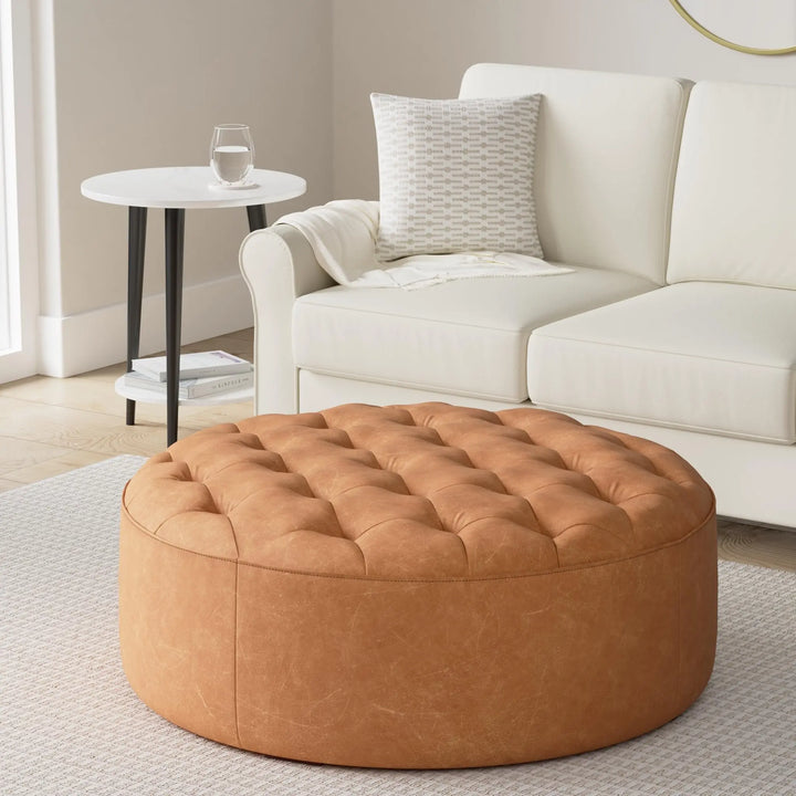 POLY &amp; BARK Ascot round cognac tan leather ottoman