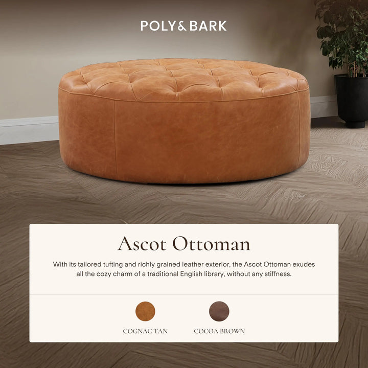 POLY &amp; BARK Ascot round cognac tan leather ottoman