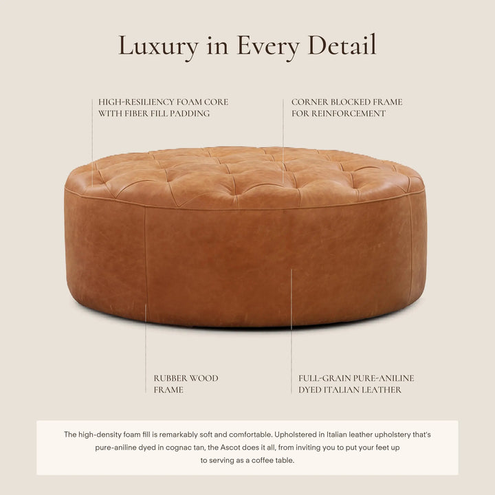 POLY &amp; BARK Ascot round cognac tan leather ottoman
