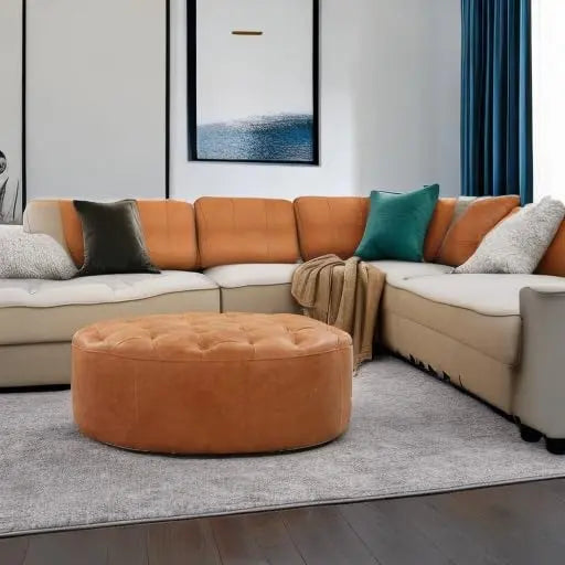 POLY &amp; BARK Ascot round cognac tan leather ottoman