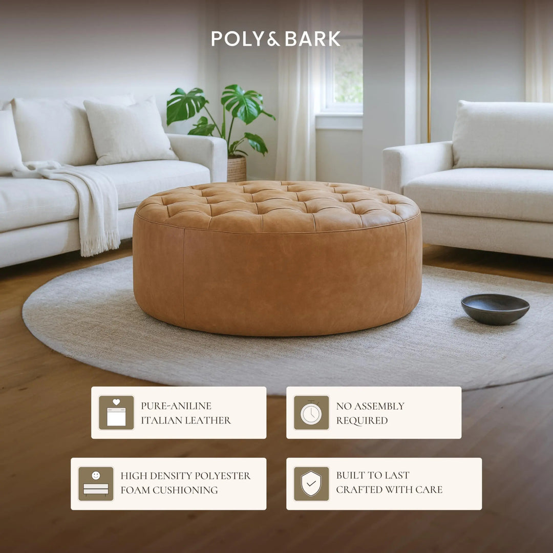 POLY &amp; BARK Ascot round cognac tan leather ottoman