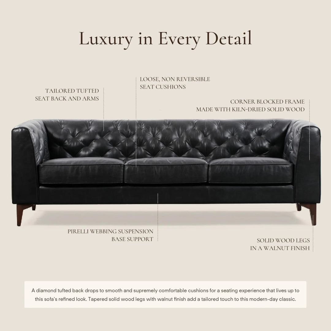 POLY &amp; BARK Essex 89 Inch Full-Grain Italian Leather Sofa, Onyx Black
