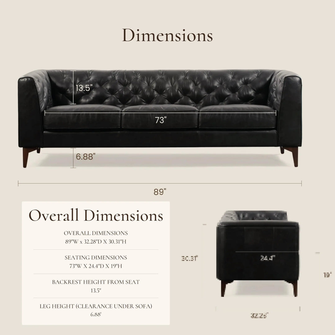 POLY &amp; BARK Essex 89 Inch Full-Grain Italian Leather Sofa, Onyx Black