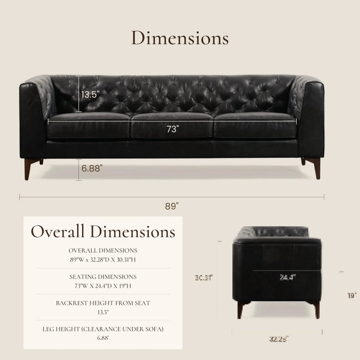 POLY &amp; BARK Essex 89 Inch Full-Grain Italian Leather Sofa, Onyx Black