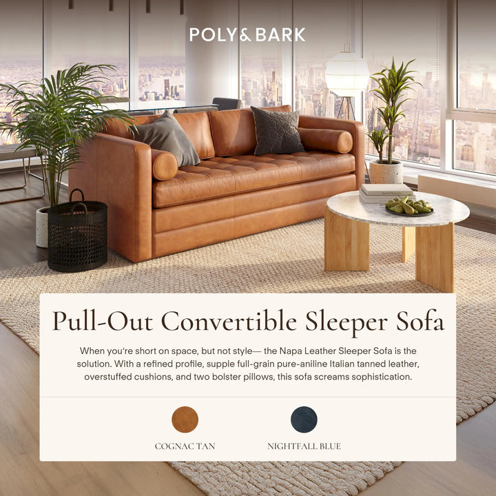 POLY &amp; BARK Napa 82 Inch Leather Pull-Out Sleeper Sofa, Cognac Tan
