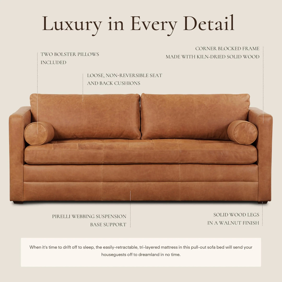 POLY &amp; BARK Napa 82 Inch Leather Pull-Out Sleeper Sofa, Cognac Tan