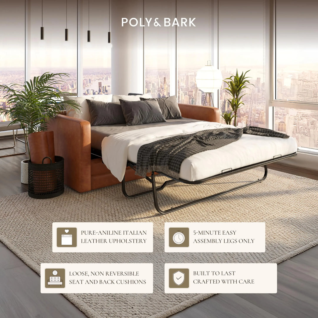 POLY &amp; BARK Napa 82 Inch Leather Pull-Out Sleeper Sofa, Cognac Tan