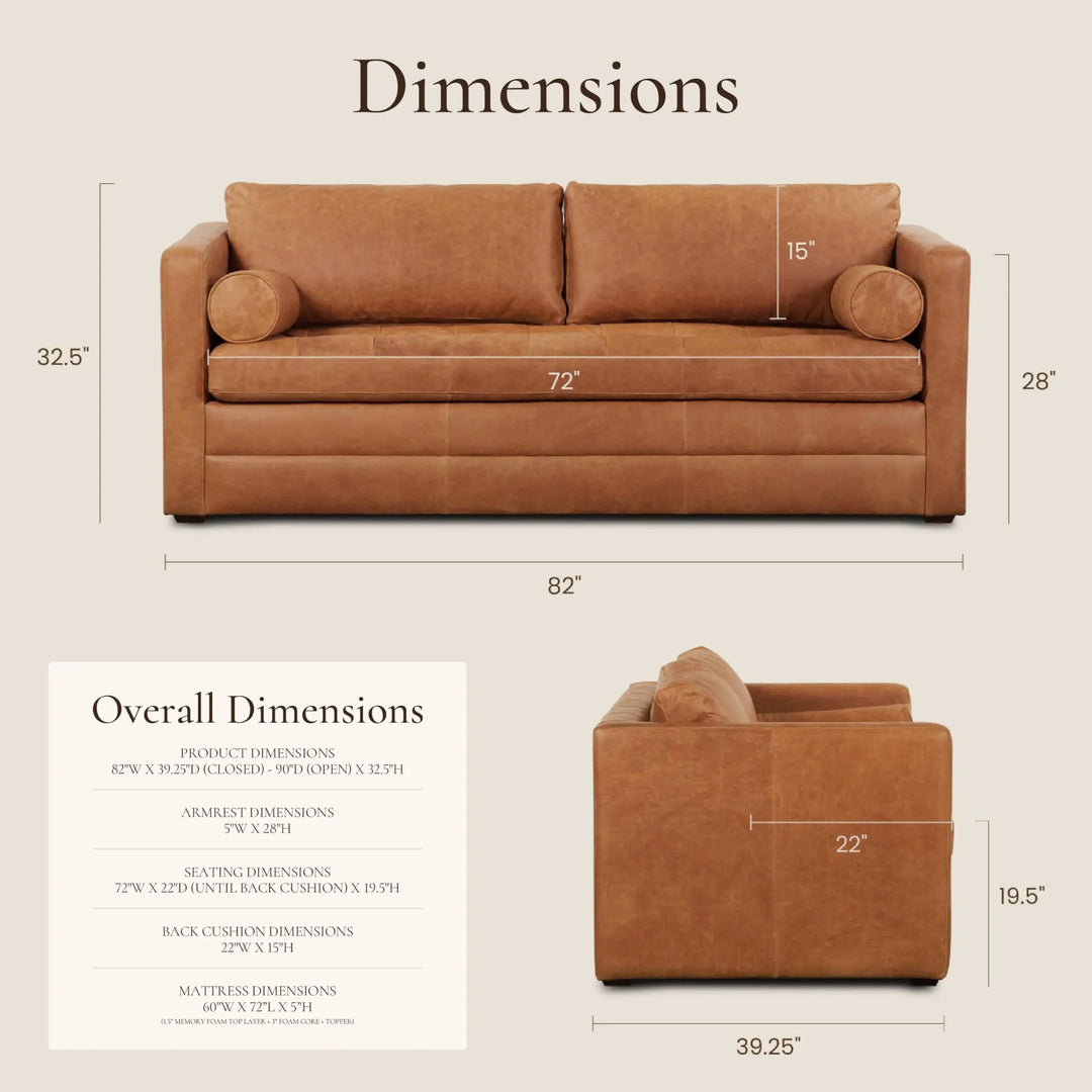 POLY &amp; BARK Napa 82 Inch Leather Pull-Out Sleeper Sofa, Cognac Tan