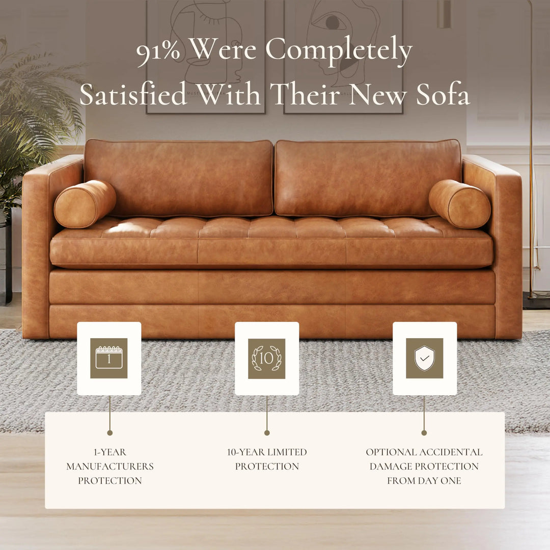 POLY &amp; BARK Napa 82 Inch Leather Pull-Out Sleeper Sofa, Cognac Tan