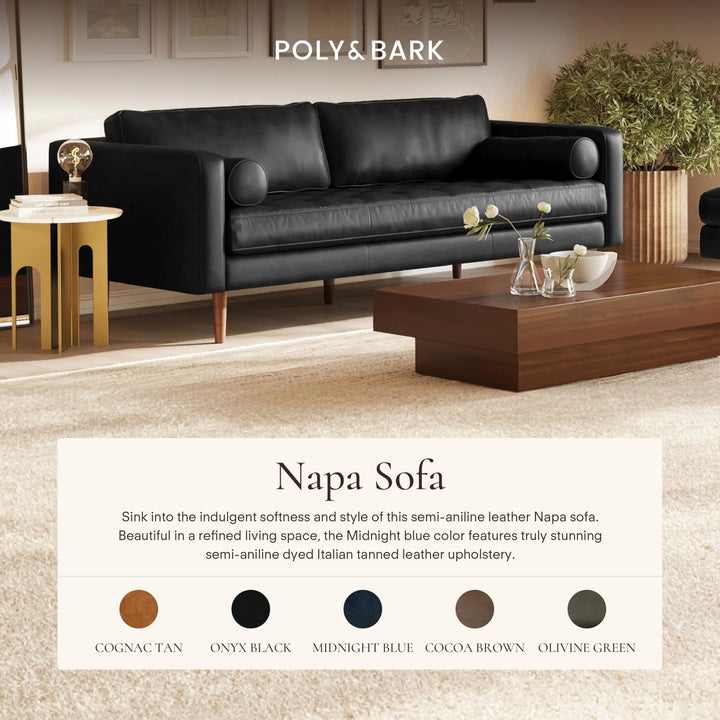 POLY &amp; BARK Napa 88.5" Leather Sofa, Onyx Black Full-Grain Italian-Tanned Aniline Leather