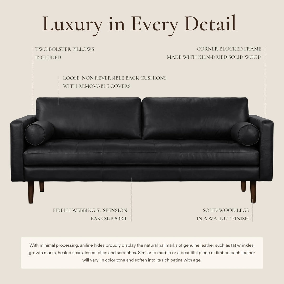 POLY &amp; BARK Napa 88.5" Leather Sofa, Onyx Black Full-Grain Italian-Tanned Aniline Leather