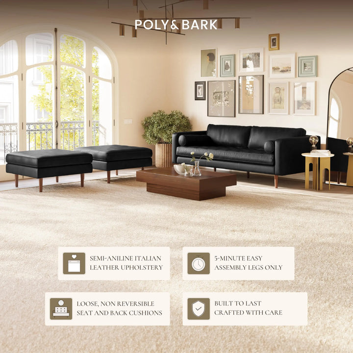 POLY &amp; BARK Napa 88.5" Leather Sofa, Onyx Black Full-Grain Italian-Tanned Aniline Leather