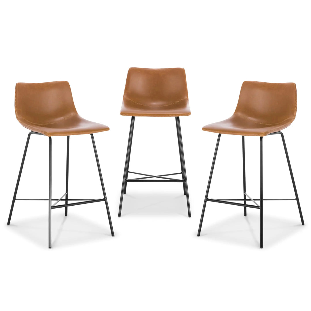 POLY &amp; BARK Paxton Leather Counter Stools 24 Inches - Set of 3 - Counter Height Bar Stools with Back - Modern Barstools for Kitchen Island or Counters - Faux Leather &amp; Matte Black Steel Base - Tan