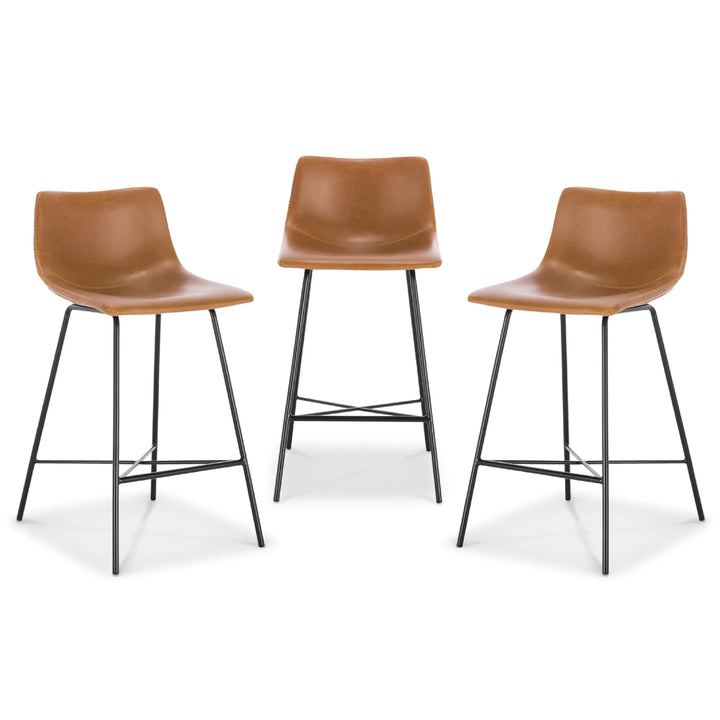 POLY &amp; BARK Paxton Leather Counter Stools 24 Inches - Set of 3 - Counter Height Bar Stools with Back - Modern Barstools for Kitchen Island or Counters - Faux Leather &amp; Matte Black Steel Base - Tan