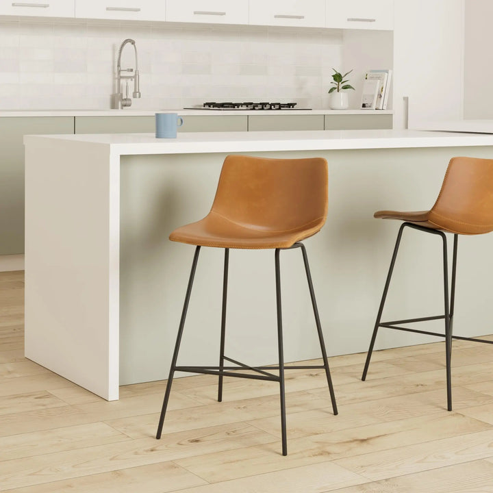 POLY &amp; BARK Paxton Leather Counter Stools 24 Inches - Set of 3 - Counter Height Bar Stools with Back - Modern Barstools for Kitchen Island or Counters - Faux Leather &amp; Matte Black Steel Base - Tan