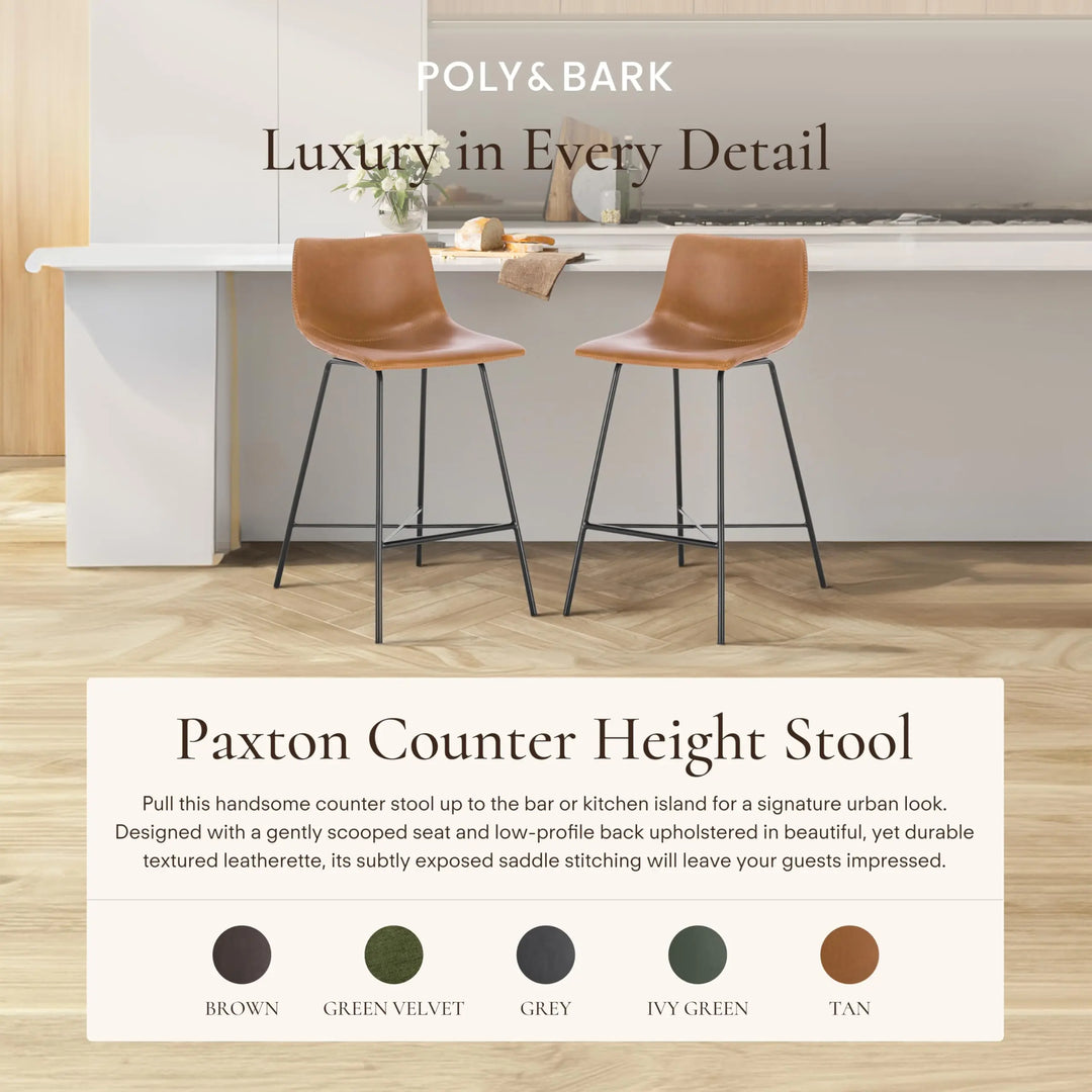 POLY &amp; BARK Paxton Leather Counter Stools 24 Inches - Set of 3 - Counter Height Bar Stools with Back - Modern Barstools for Kitchen Island or Counters - Faux Leather &amp; Matte Black Steel Base - Tan