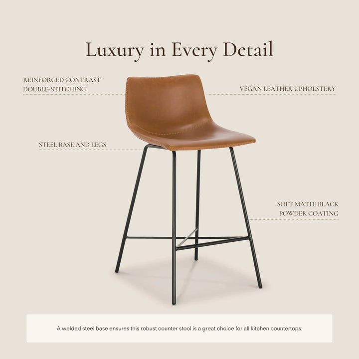 POLY &amp; BARK Paxton Leather Counter Stools 24 Inches - Set of 3 - Counter Height Bar Stools with Back - Modern Barstools for Kitchen Island or Counters - Faux Leather &amp; Matte Black Steel Base - Tan
