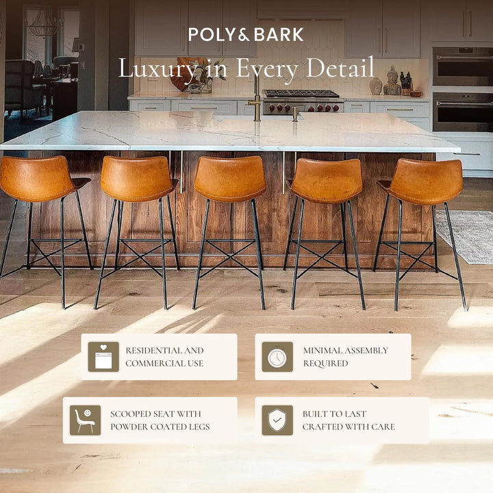POLY &amp; BARK Paxton Leather Counter Stools 24 Inches - Set of 3 - Counter Height Bar Stools with Back - Modern Barstools for Kitchen Island or Counters - Faux Leather &amp; Matte Black Steel Base - Tan