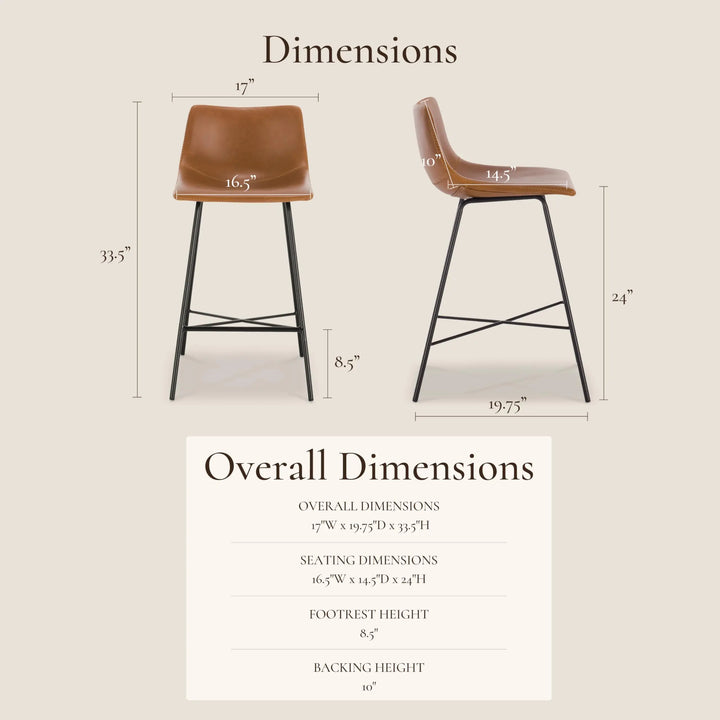 POLY &amp; BARK Paxton Leather Counter Stools 24 Inches - Set of 3 - Counter Height Bar Stools with Back - Modern Barstools for Kitchen Island or Counters - Faux Leather &amp; Matte Black Steel Base - Tan