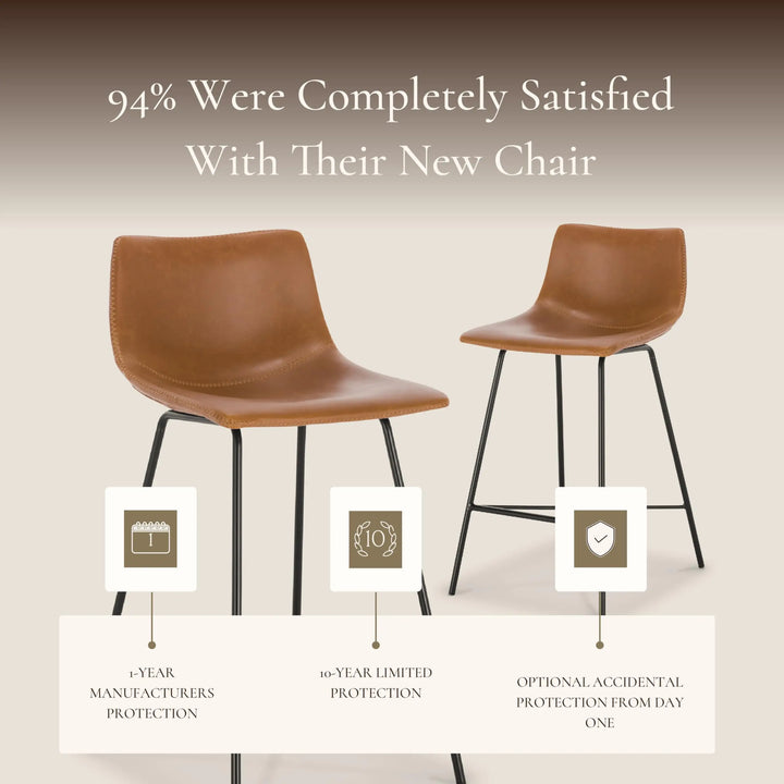 POLY &amp; BARK Paxton Leather Counter Stools 24 Inches - Set of 3 - Counter Height Bar Stools with Back - Modern Barstools for Kitchen Island or Counters - Faux Leather &amp; Matte Black Steel Base - Tan
