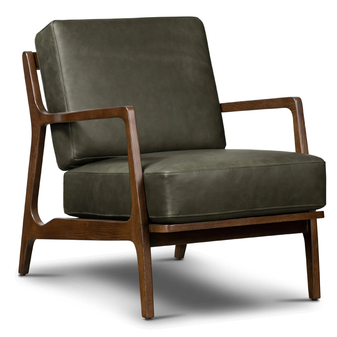 Poly &amp; Bark Verity Leather Accent Chair – Armchair with Walnut Wood Frame – Fashion-Forward Lounge Seating for Living Room – Upholstered in Olivine Green Leather for Modern Style 