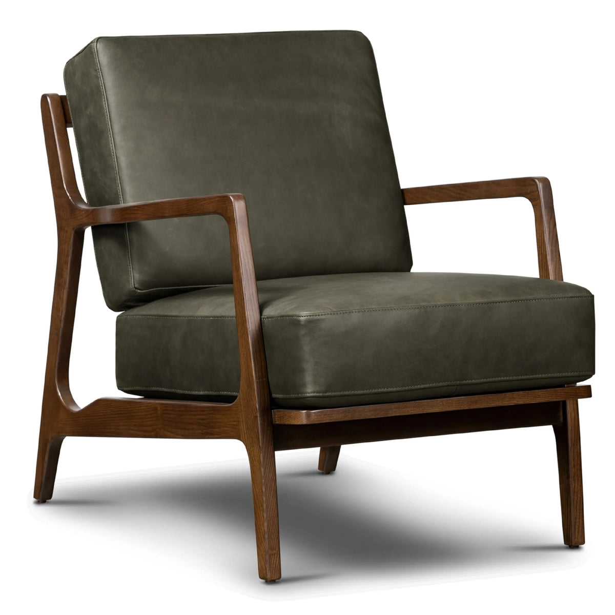 Poly & Bark Verity Leather Accent Chair – Armchair with Walnut Wood Frame – Fashion-Forward Lounge Seating for Living Room – Upholstered in Olivine Green Leather for Modern Style 