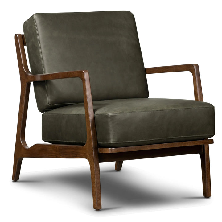Poly &amp; Bark Verity Leather Accent Chair – Armchair with Walnut Wood Frame – Fashion-Forward Lounge Seating for Living Room – Upholstered in Olivine Green Leather for Modern Style 
