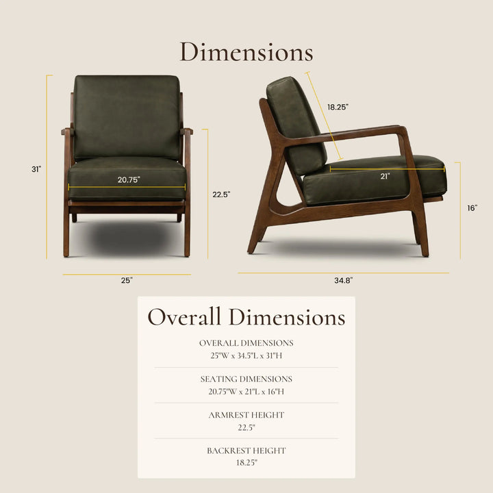 Poly &amp; Bark Verity Leather Accent Chair – Armchair with Walnut Wood Frame – Fashion-Forward Lounge Seating for Living Room – Upholstered in Olivine Green Leather for Modern Style 