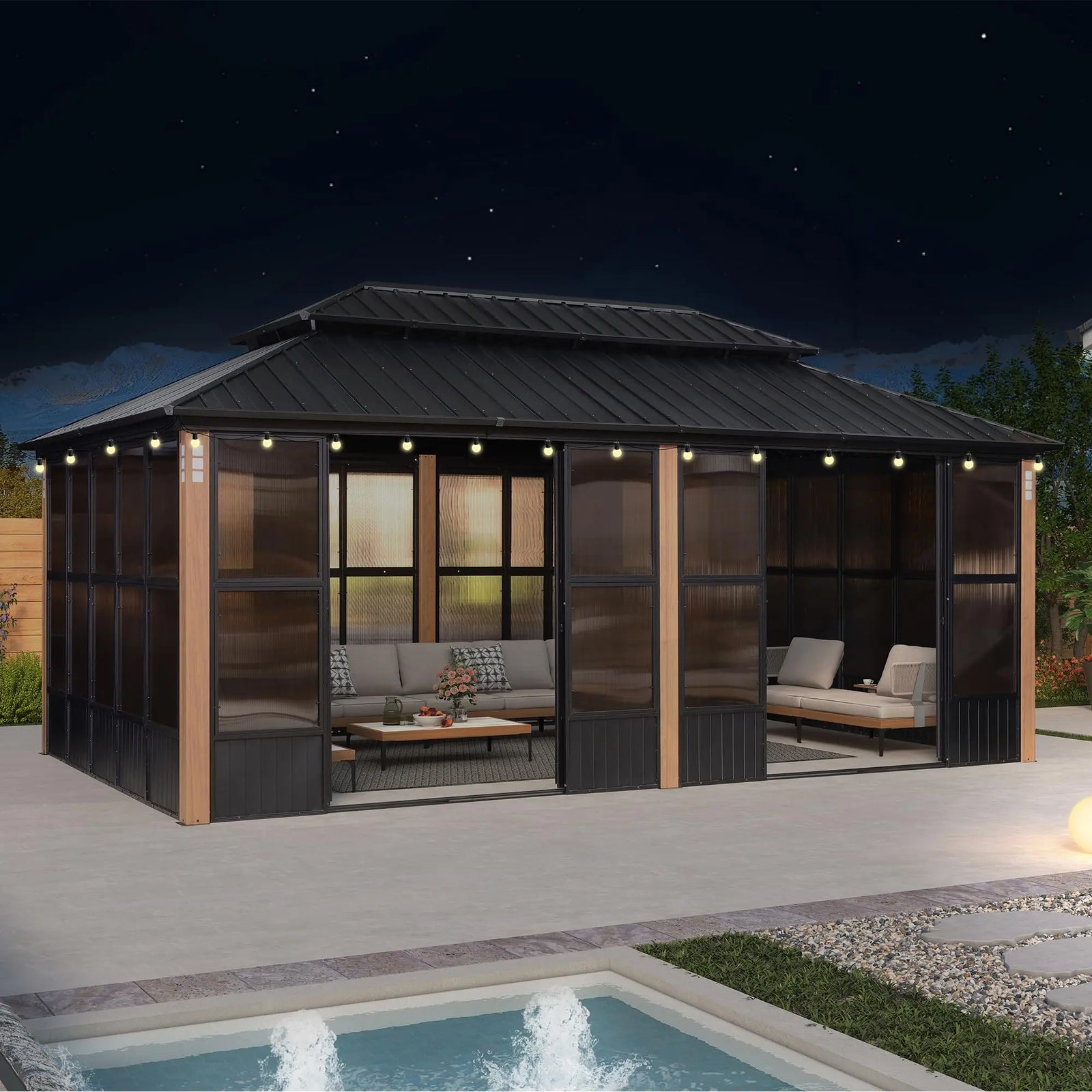 PURPLE LEAF 12' X 20' Patio Hardtop Gazebo Double Top Outdoor Screen House Aluminum Solarium Backyard Sun Room with Detachable Windows and 36 Solar String Light 