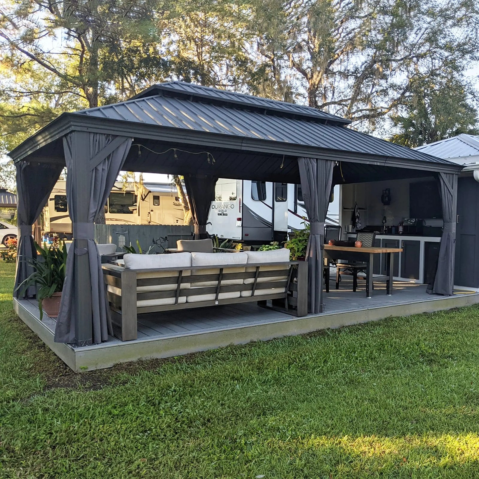 PURPLE LEAF 12' X 20' Permanent Hardtop Gazebo Aluminum Gazebo with Galvanized Steel Double Roof for Patio Lawn and Garden, Curtains and Netting Included, Grey 