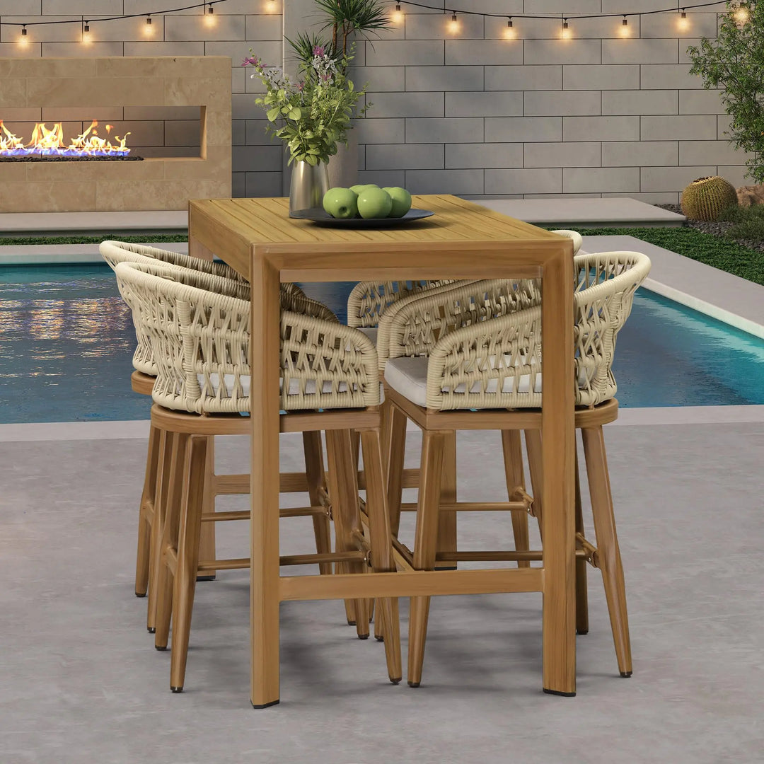 PURPLE LEAF Outdoor Bar Stools Set of 2 Weather Resistant PE Rattan, Teak 