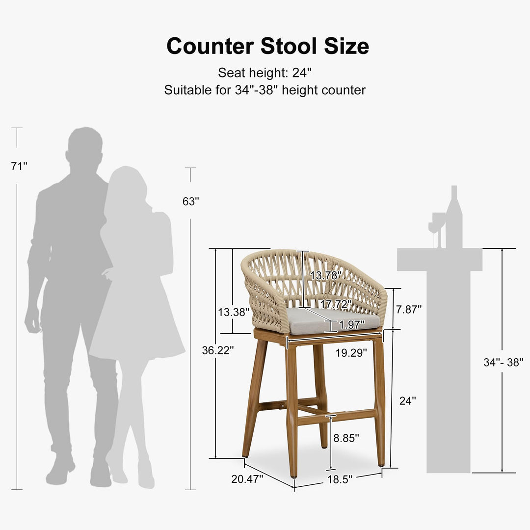 PURPLE LEAF Outdoor Bar Stools Set of 2 Weather Resistant PE Rattan, Teak 