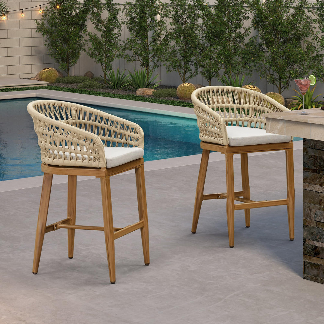 PURPLE LEAF Outdoor Bar Stools Set of 2 Weather Resistant PE Rattan, Teak 